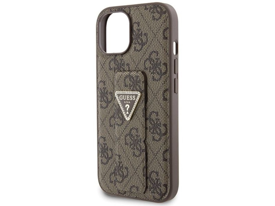 Guess Grip Stand 4G Triangle Strass case for iPhone 15 - brown