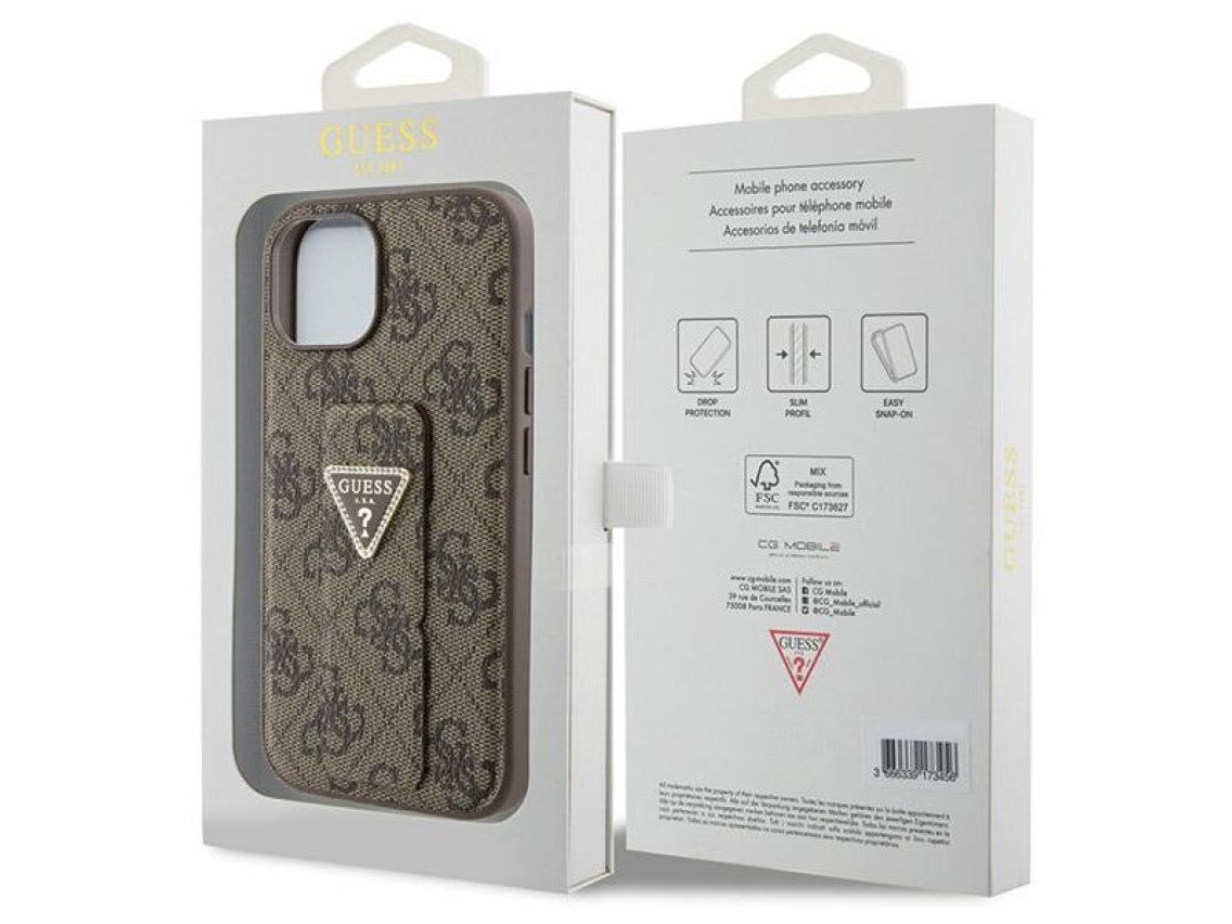 Guess Grip Stand 4G Triangle Strass case for iPhone 15 - brown