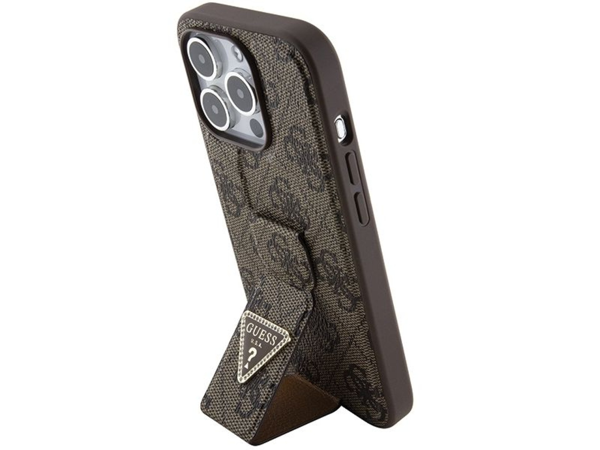 Guess Grip Stand 4G Triangle Strass case for iPhone 15 Pro - brown