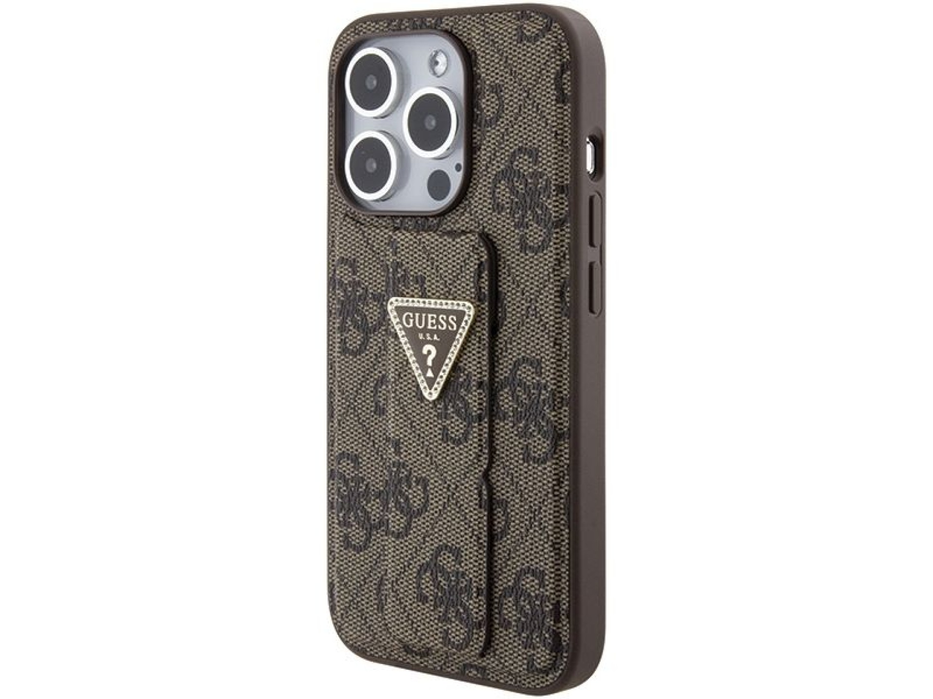 Guess Grip Stand 4G Triangle Strass case for iPhone 15 Pro - brown