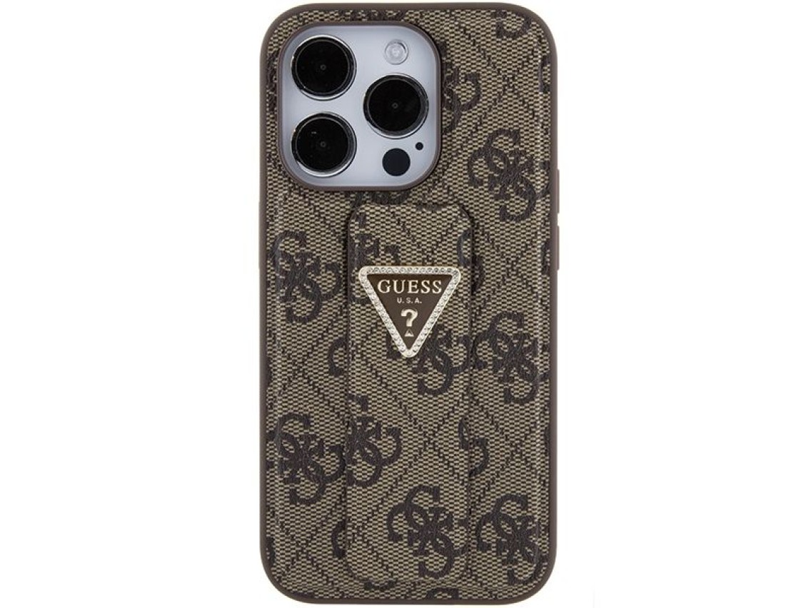 Guess Grip Stand 4G Triangle Strass case for iPhone 15 Pro - brown