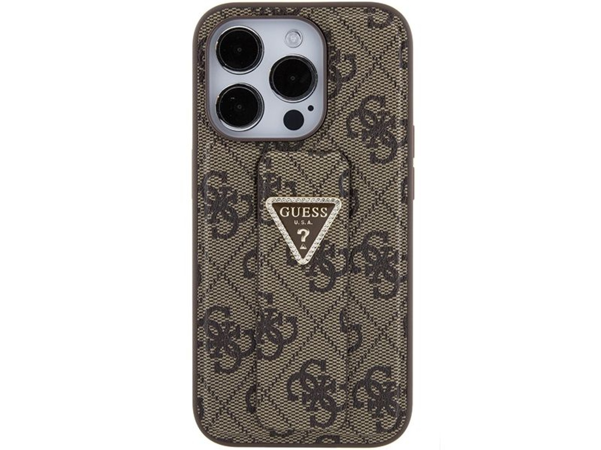 Guess Grip Stand 4G Triangle Strass case for iPhone 15 Pro - brown