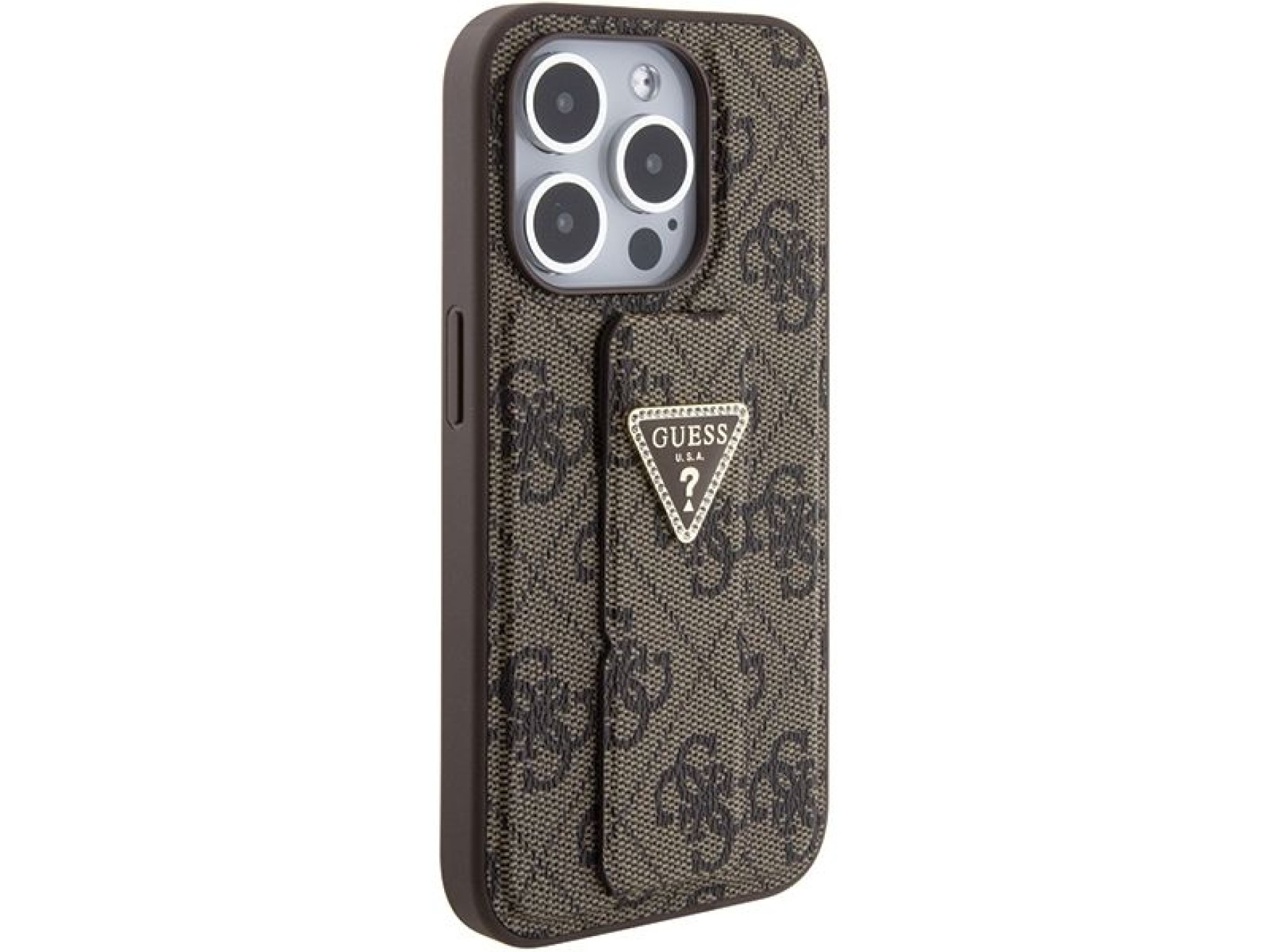 Guess Grip Stand 4G Triangle Strass case for iPhone 15 Pro - brown
