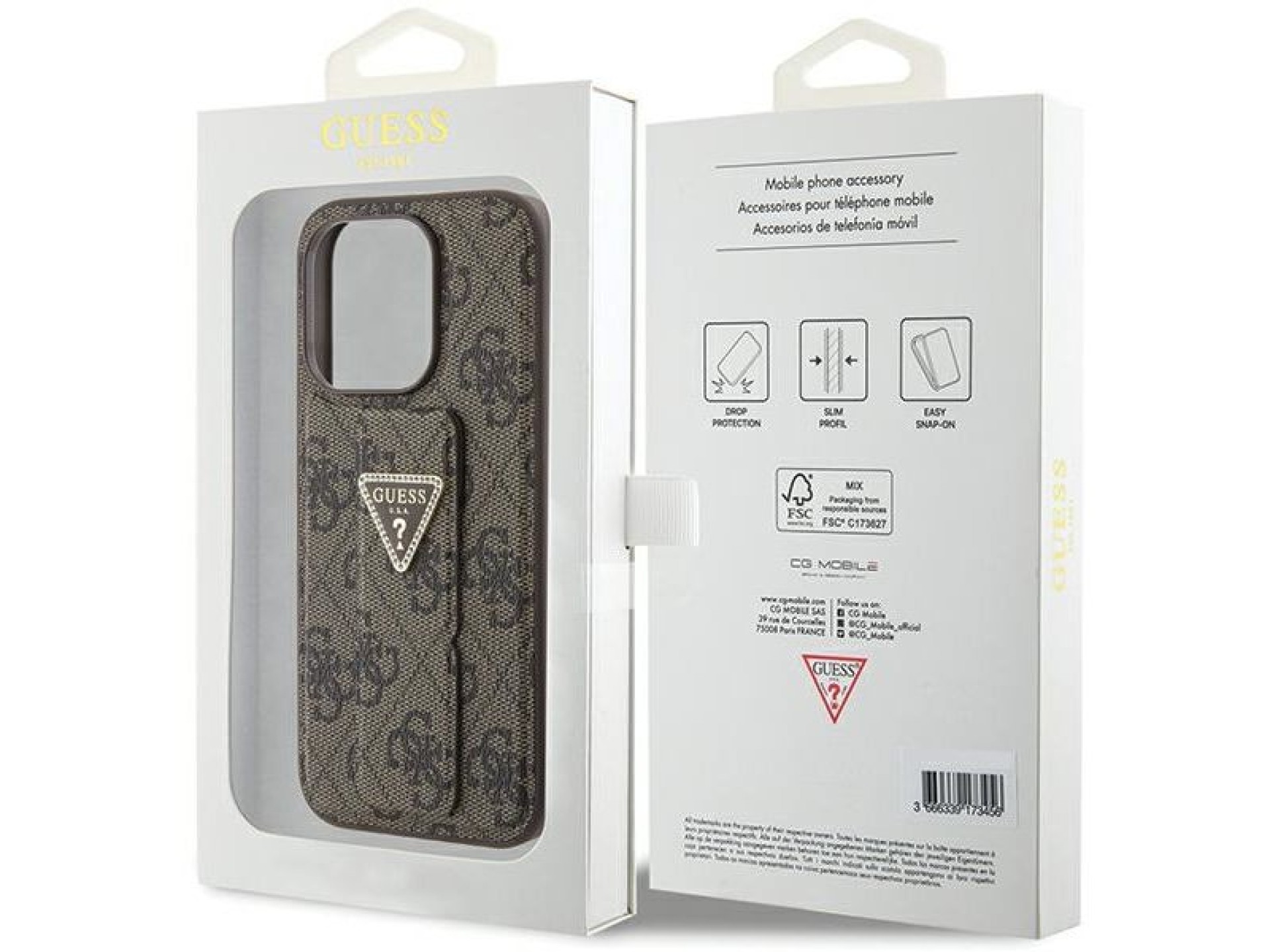 Guess Grip Stand 4G Triangle Strass case for iPhone 15 Pro - brown