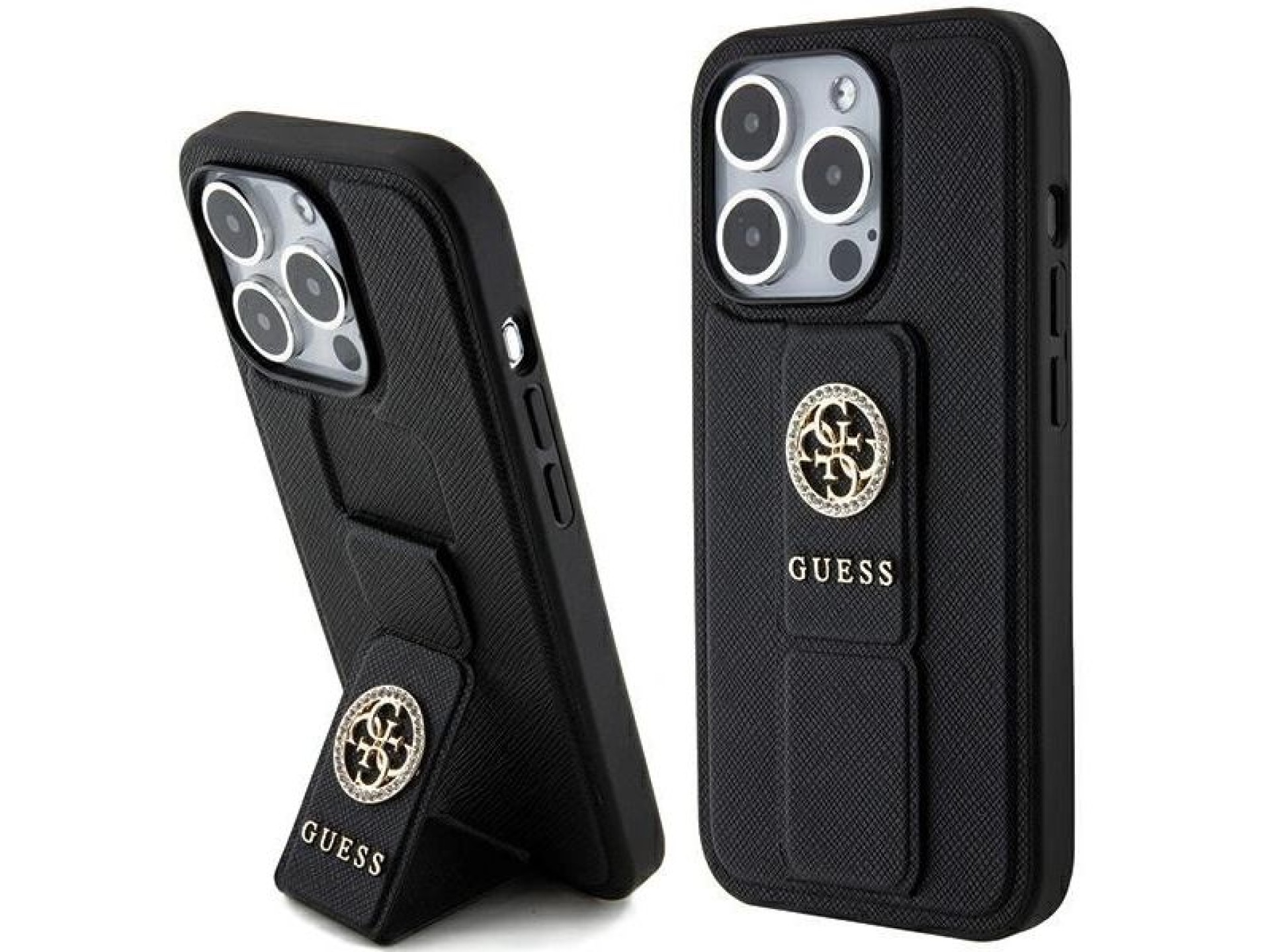 Guess Grip Stand 4G Saffiano Strass case for iPhone 15 Pro Max - black