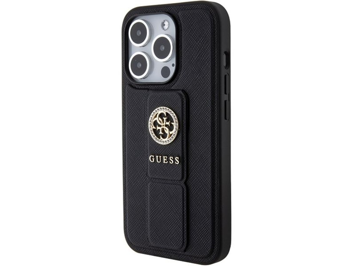 Guess Grip Stand 4G Saffiano Strass case for iPhone 15 Pro Max - black