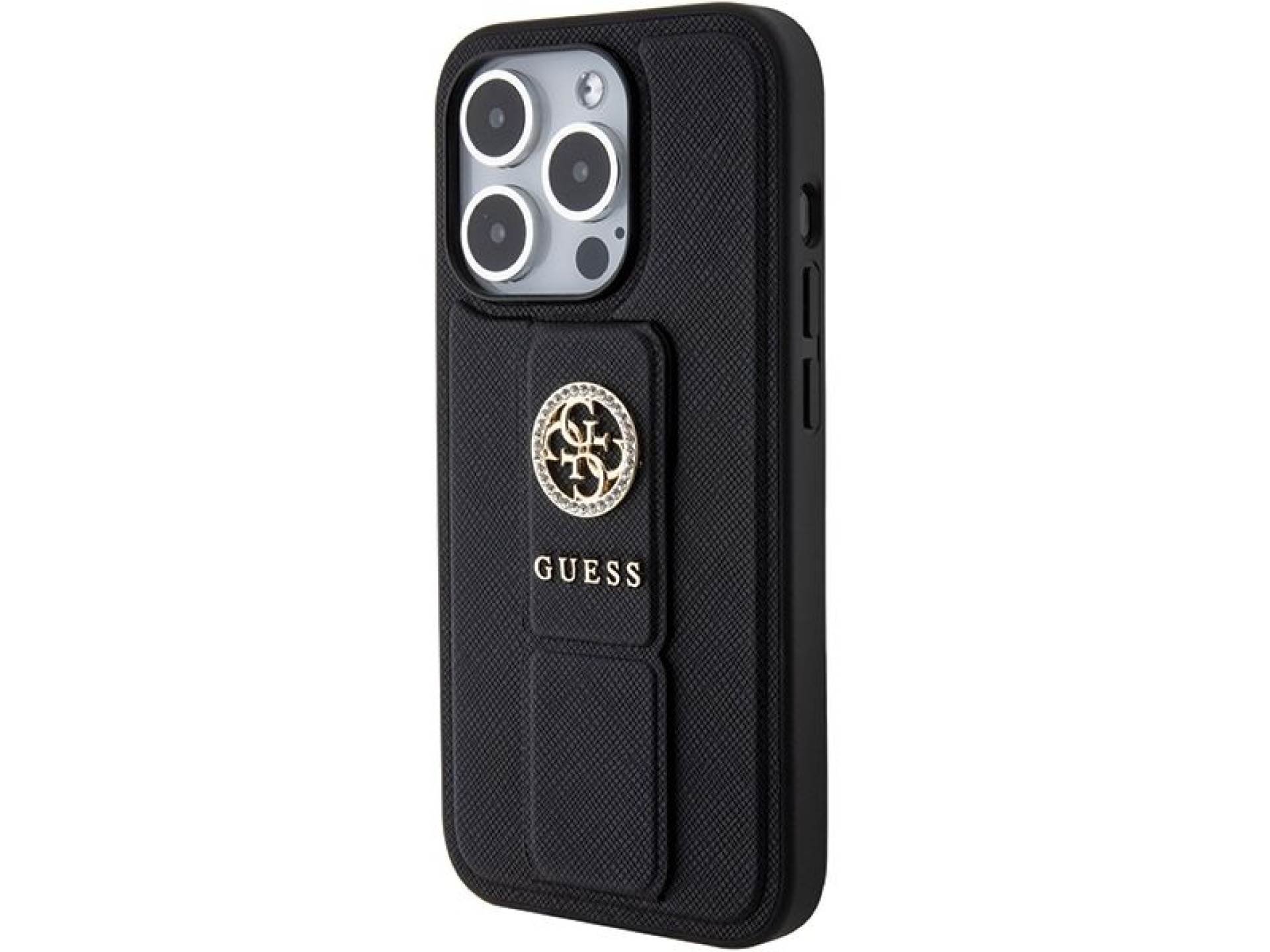 Guess Grip Stand 4G Saffiano Strass case for iPhone 15 Pro Max - black
