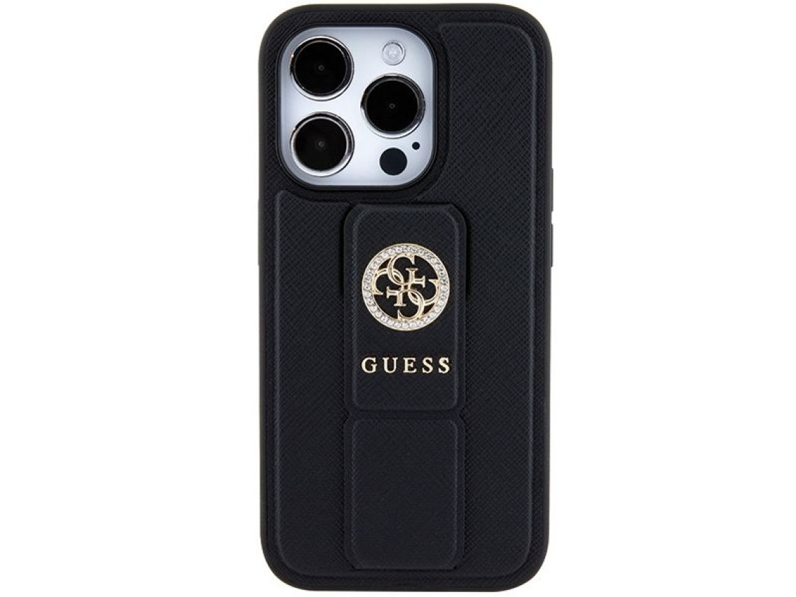 Guess Grip Stand 4G Saffiano Strass case for iPhone 15 Pro Max - black