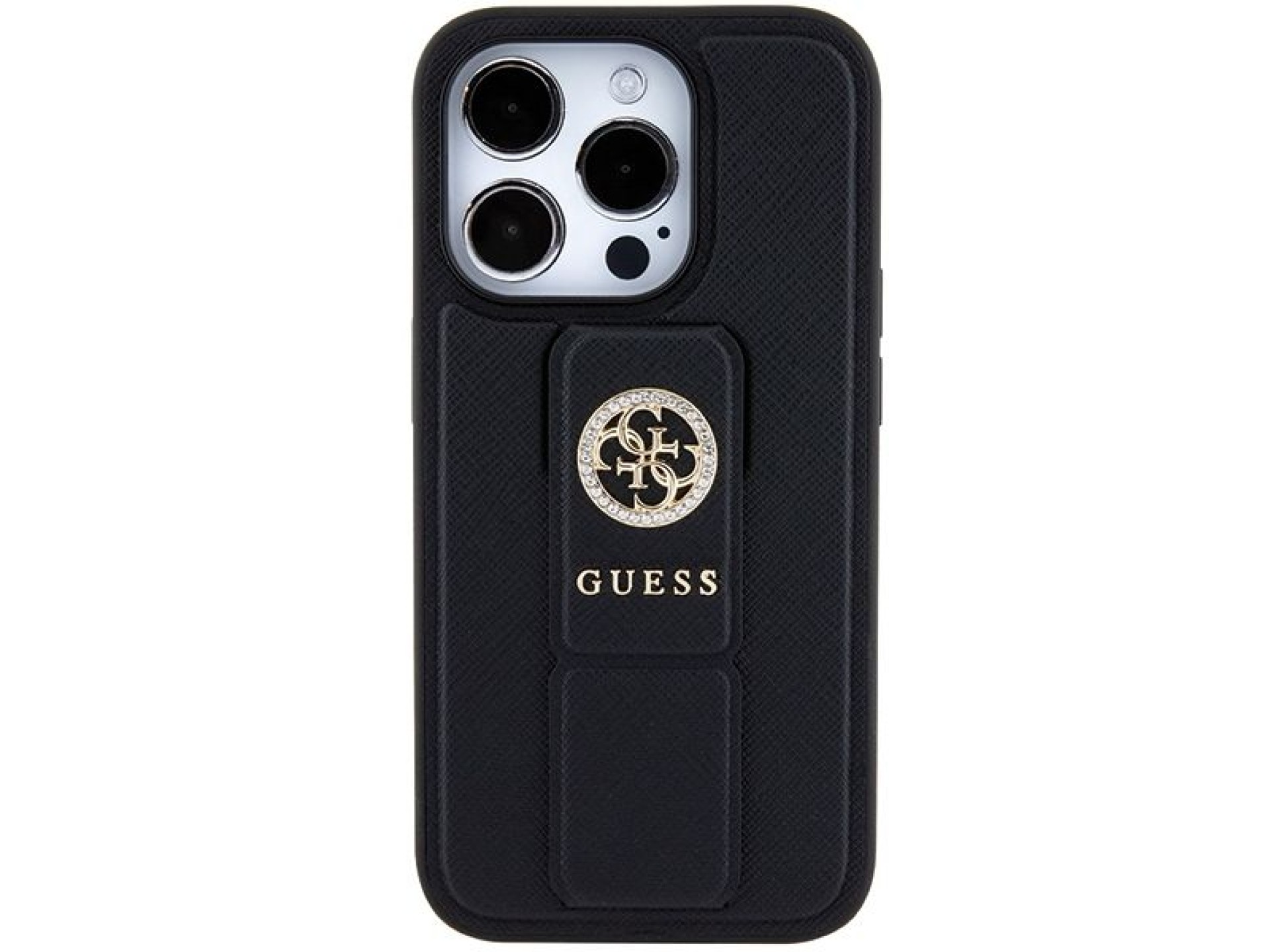 Guess Grip Stand 4G Saffiano Strass case for iPhone 15 Pro Max - black
