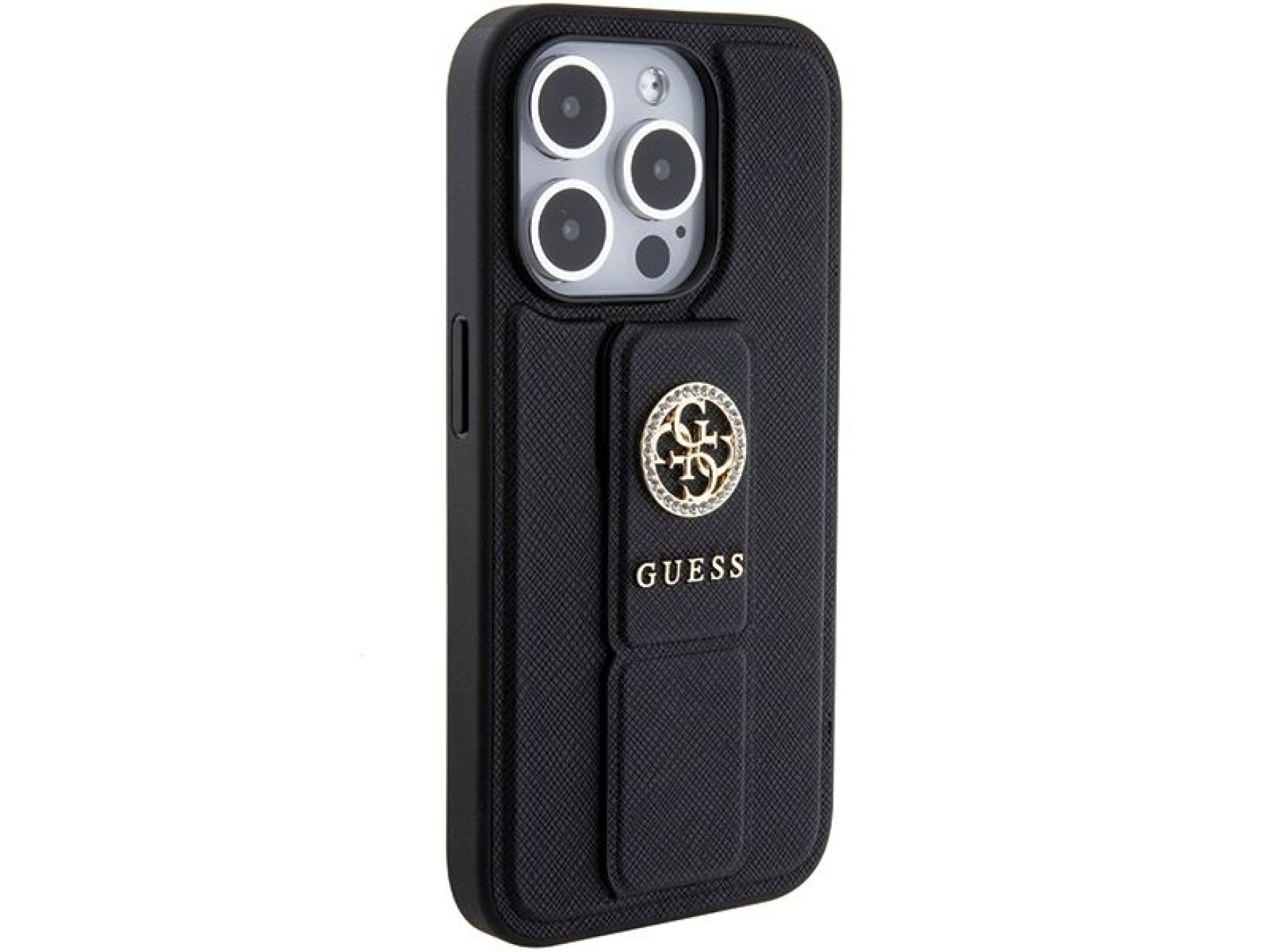 Guess Grip Stand 4G Saffiano Strass case for iPhone 15 Pro Max - black