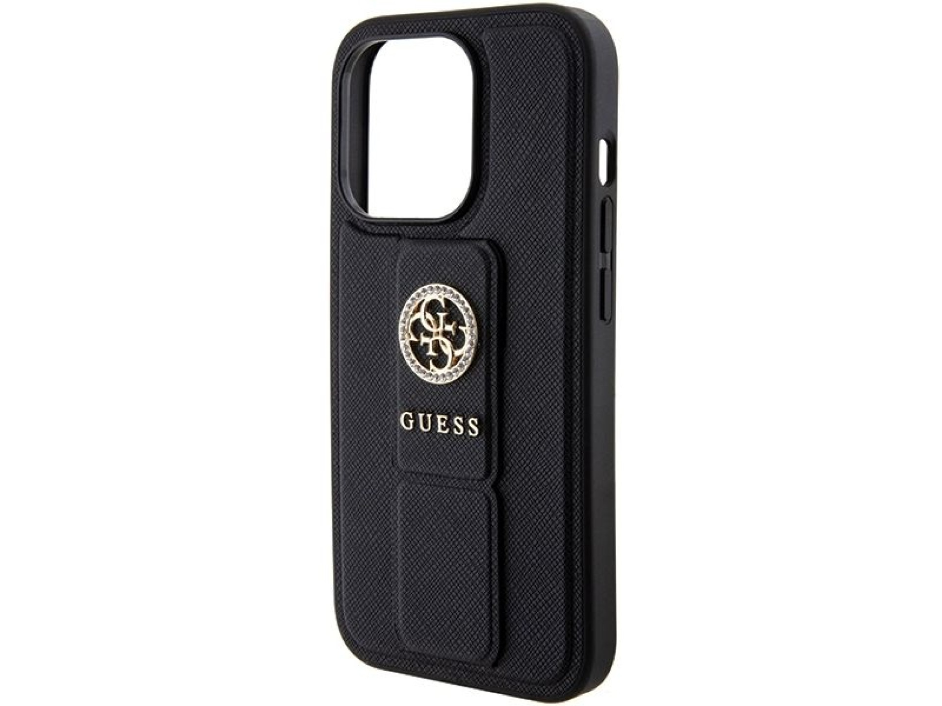Guess Grip Stand 4G Saffiano Strass case for iPhone 15 Pro Max - black