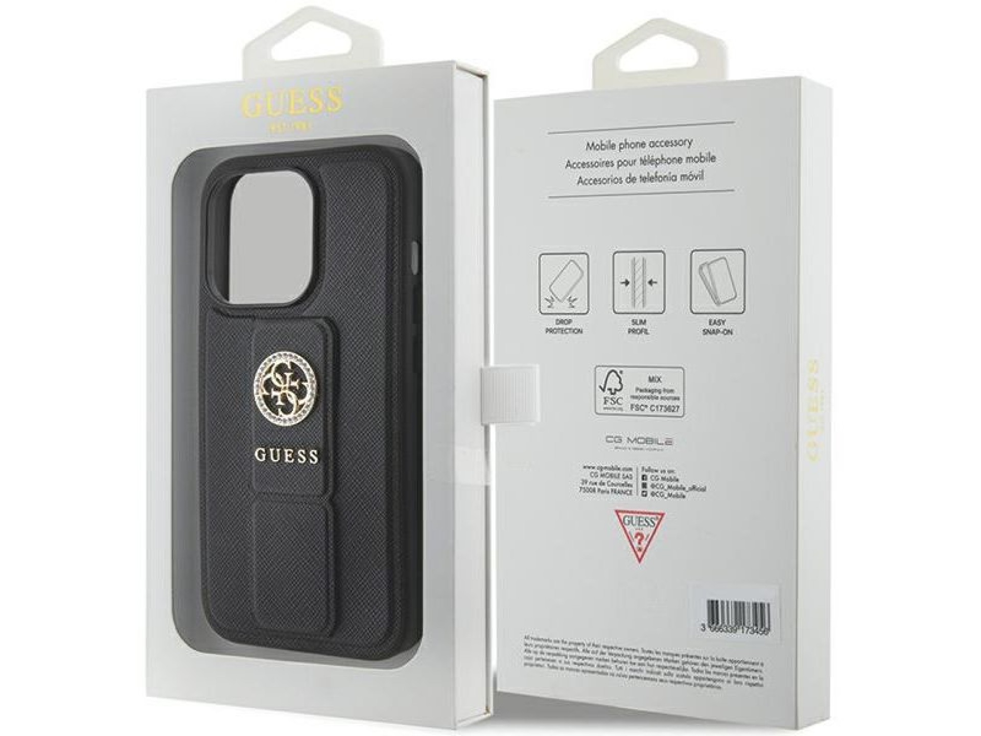 Guess Grip Stand 4G Saffiano Strass case for iPhone 15 Pro Max - black