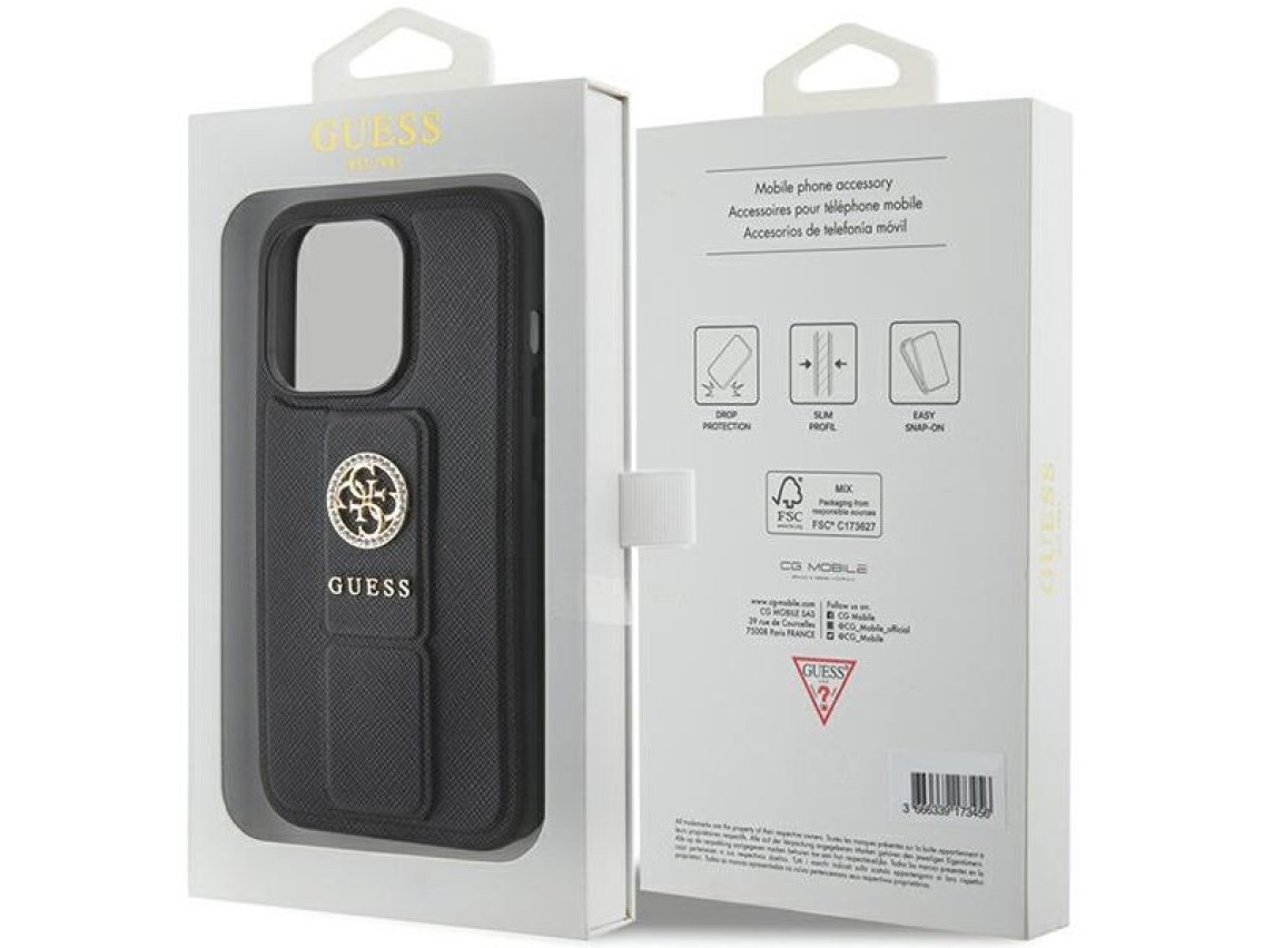 Guess Grip Stand 4G Saffiano Strass case for iPhone 15 Pro Max - black