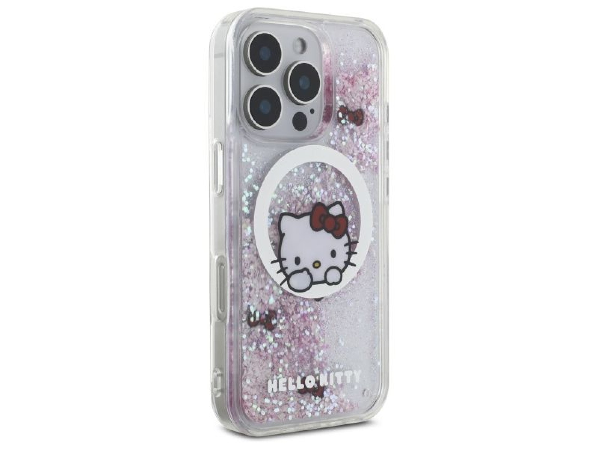 Capa MagSafe para iPhone 16 Pro com estampa Hello Kitty Liquid Glitter Sweet Kitty Bows - Branca