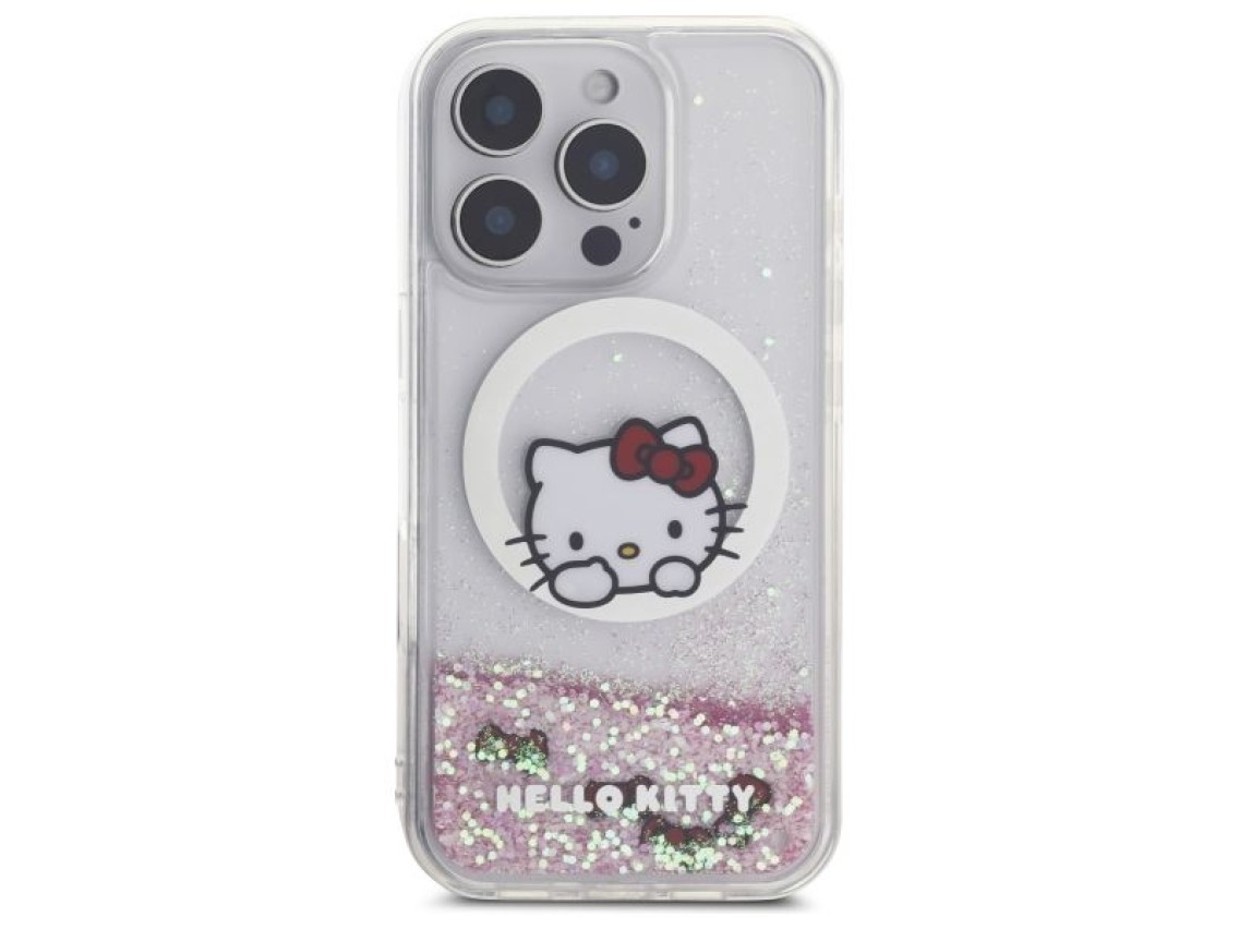 Capa MagSafe para iPhone 16 Pro com estampa Hello Kitty Liquid Glitter Sweet Kitty Bows - Branca
