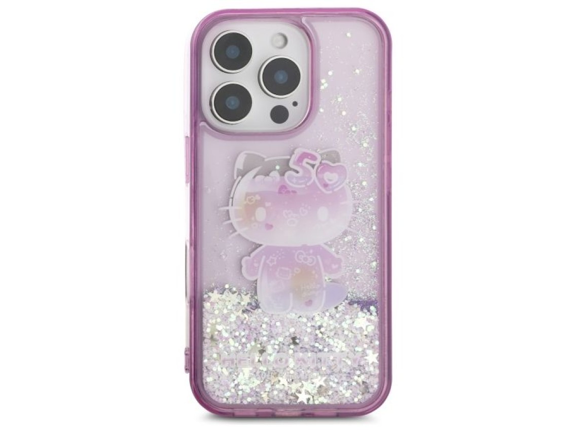 Funda para iPhone 16 Pro Max Hello Kitty Liquid Glitter para la fiesta del 50 aniversario - Morada