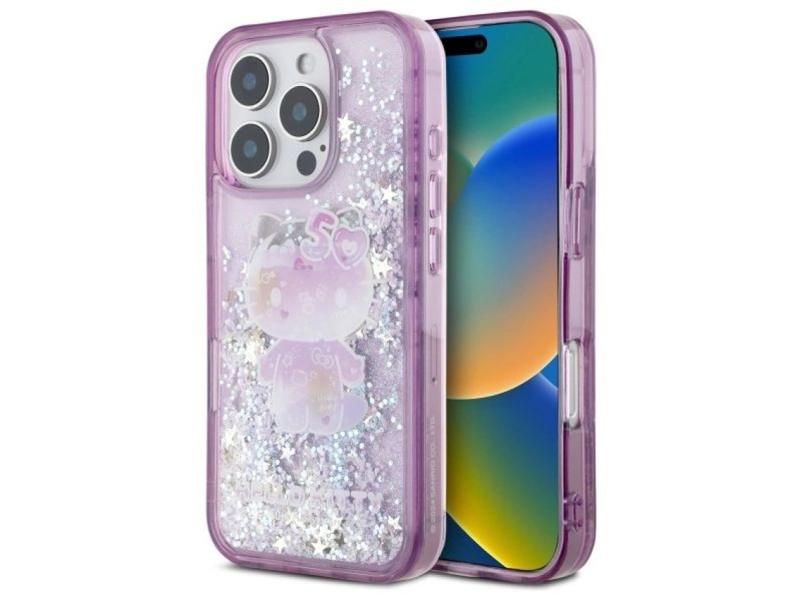Capa para iPhone 16 Pro Max Hello Kitty Liquid Glitter para a Festa de 50º Aniversário - Roxa