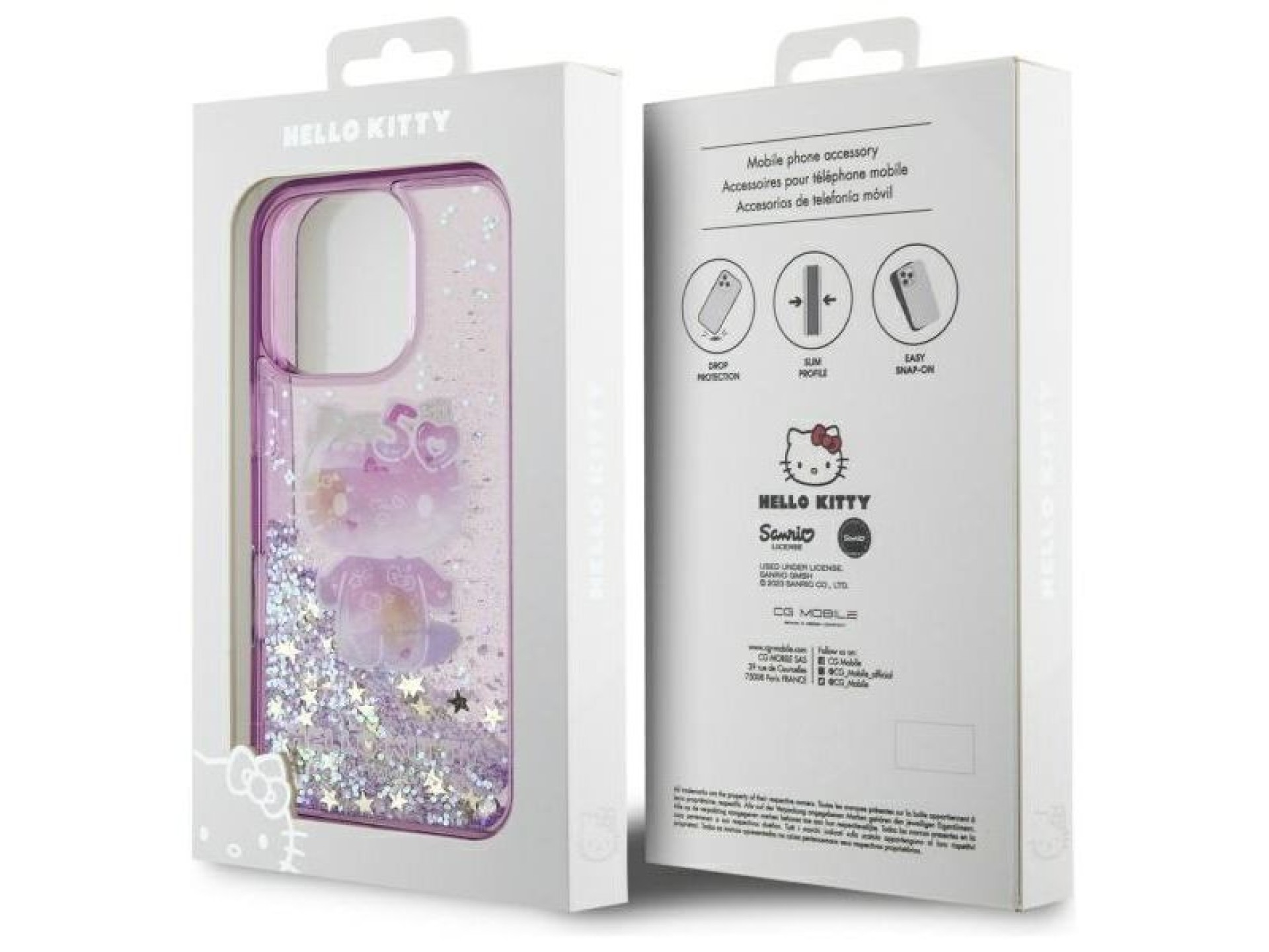 Funda para iPhone 16 Pro Max Hello Kitty Liquid Glitter para la fiesta del 50 aniversario - Morada
