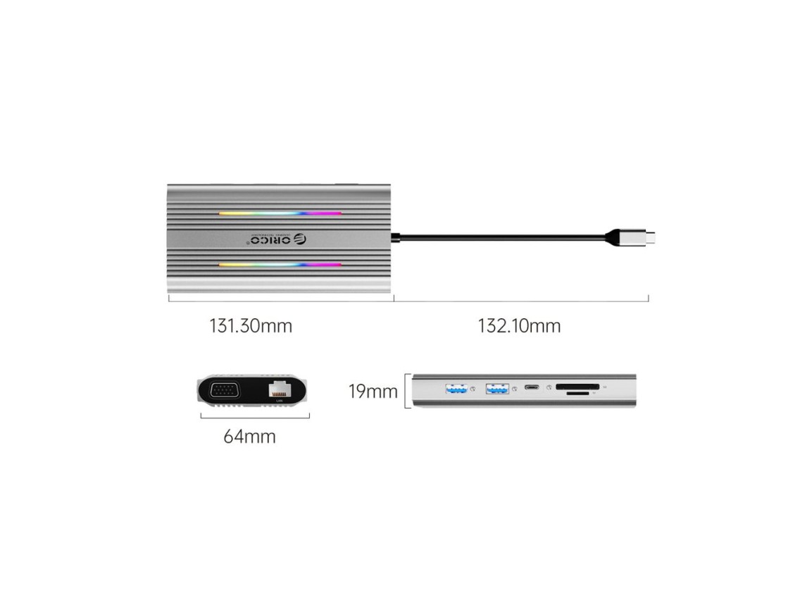 Orico XDR 12in1 RGB USB-C Docking Station USB-A USB-C PD 100W 2x HDMI 4K 60Hz VGA RJ45 Gigabit SD an