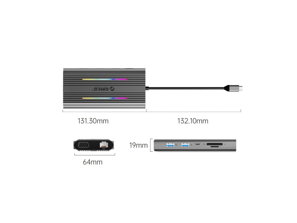Estação de acoplamento Orico XCR 12 em 1 RGB USB-C com 3 portas USB-A, USB-C PD, 100 W, HDMI, 4K, VG