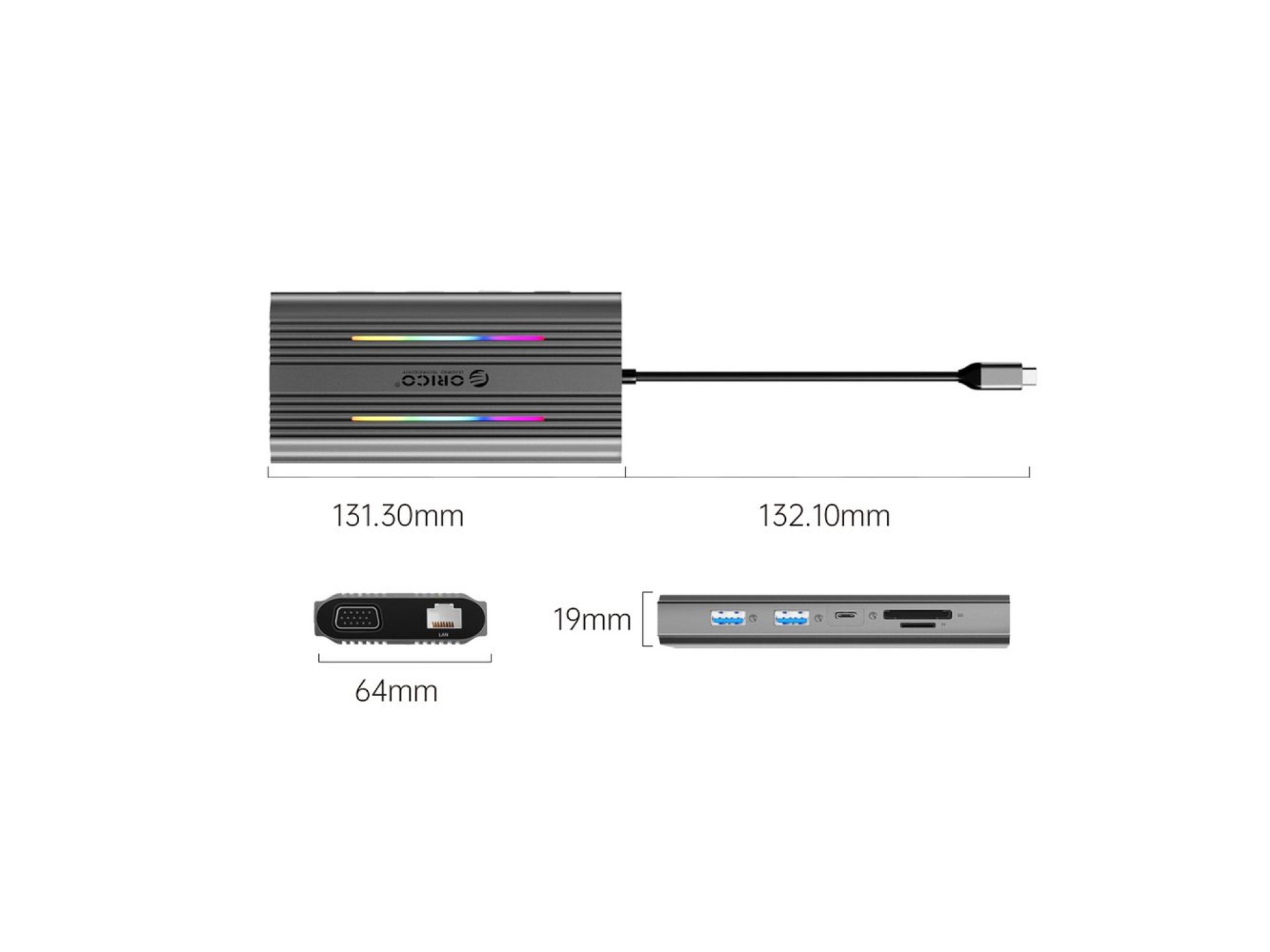Estação de acoplamento Orico XCR 12 em 1 RGB USB-C com 3 portas USB-A, USB-C PD, 100 W, HDMI, 4K, VG