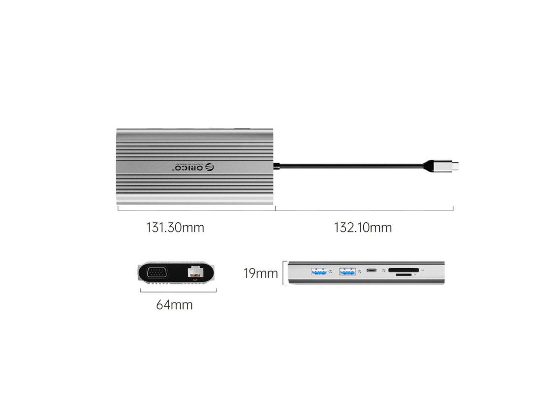 Esta��o de acoplamento Orico XDR 12 em 1 USB-C, USB-A, USB-C, HDMI, 4K, VGA, RJ45, Gigabit PD 100W, 
