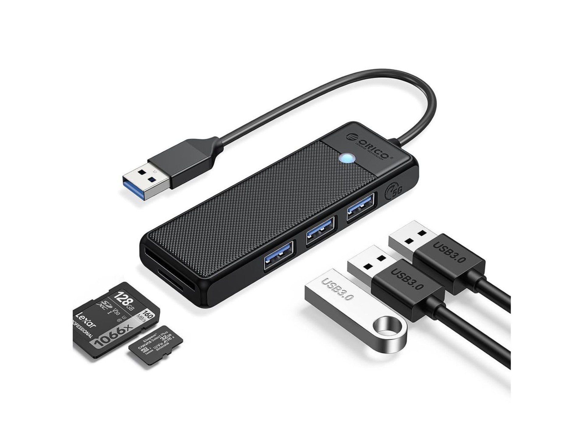 Concentrador USB Orico PAPW3AT-U3 de 4 puertos (3 puertos USB-A 3.0) con lector de tarjetas microSD/