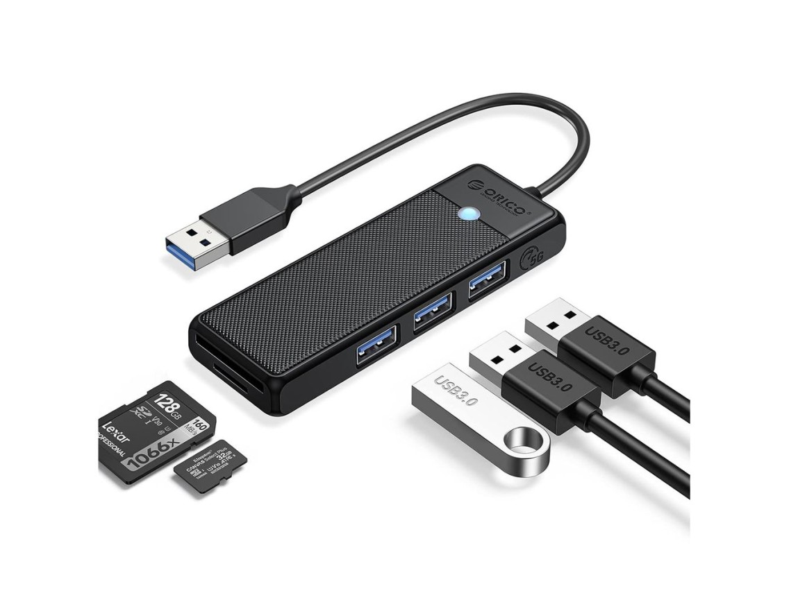 Hub USB Orico PAPW3AT-U3 com 4 portas (3x USB-A 3.0) e leitor de cartão microSD/SD (1 m) - preto