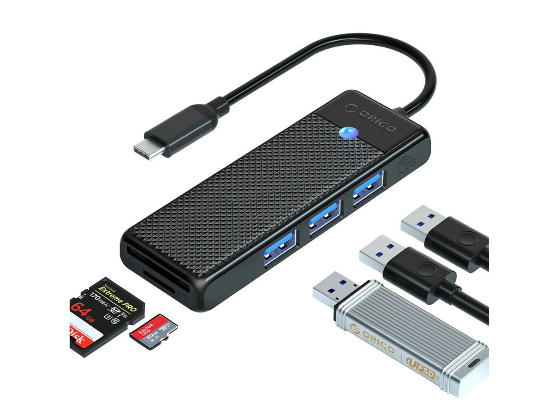 Orico PAPW3AT-C3 USB Hub 4-port 3x USB-A 3.0 with microSD/SD card reader 0.15 m - black