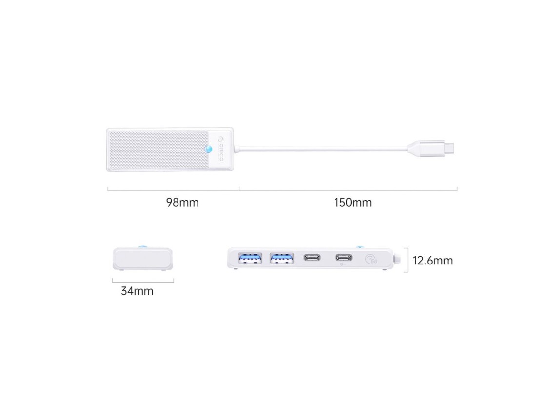 Hub USB Orico PAPW2AC-C3 de 4 puertos: 2 puertos USB-A 3.0 y 1 puerto USB-C 3.0 con carga USB-C PD d