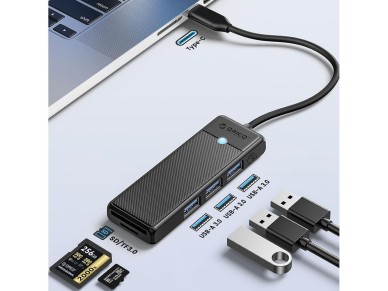 Hub USB Orico PAPW3AT-C3 de 4 puertos (3 puertos USB-A 3.0) con lector de tarjetas microSD/SD de 0,1