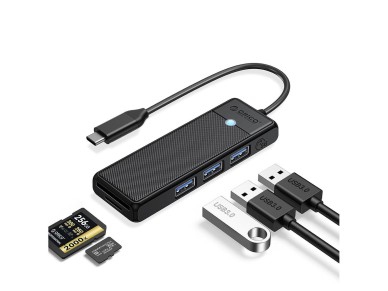 Hub USB Orico PAPW3AT-C3 de 4 puertos (3 puertos USB-A 3.0) con lector de tarjetas microSD/SD, 1 m -