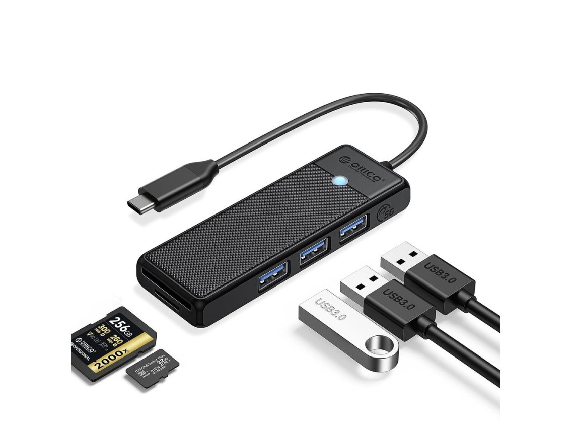 Hub USB Orico PAPW3AT-C3 com 4 portas (3x USB-A 3.0) e leitor de cartão microSD/SD (1 m) - preto