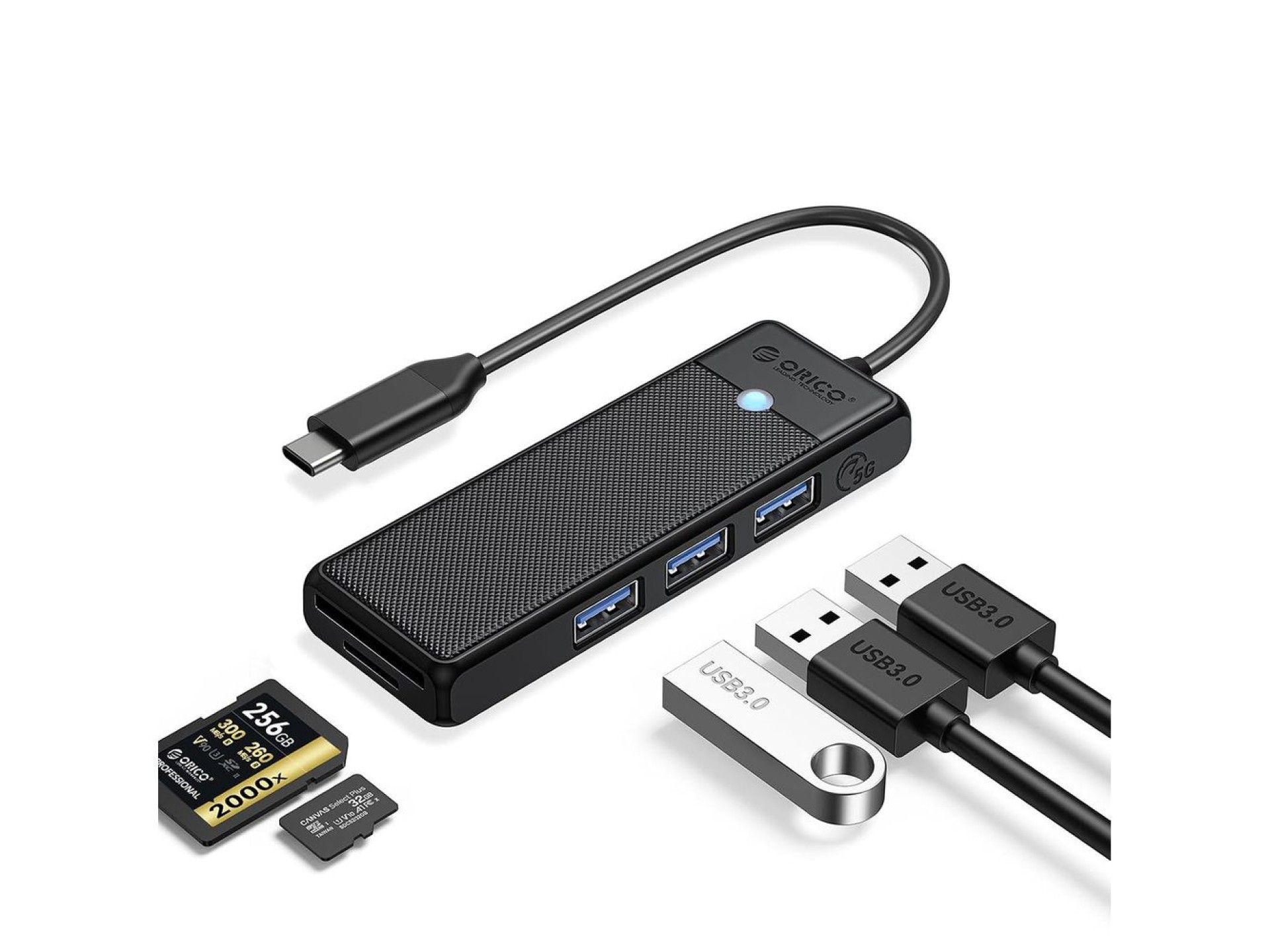 Hub USB Orico PAPW3AT-C3 com 4 portas (3x USB-A 3.0) e leitor de cartão microSD/SD (1 m) - preto