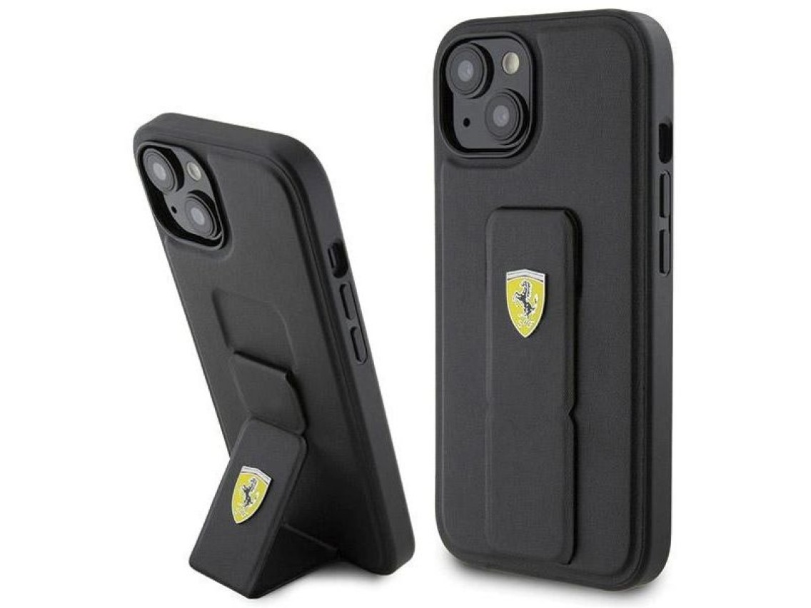 Capa Ferrari Grip Stand com logotipo metálico para iPhone 15 - preta