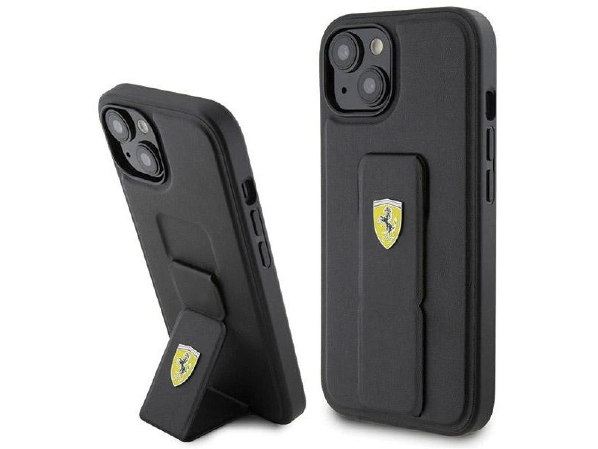 Capa Ferrari Grip Stand com logotipo metálico para iPhone 15 - preta