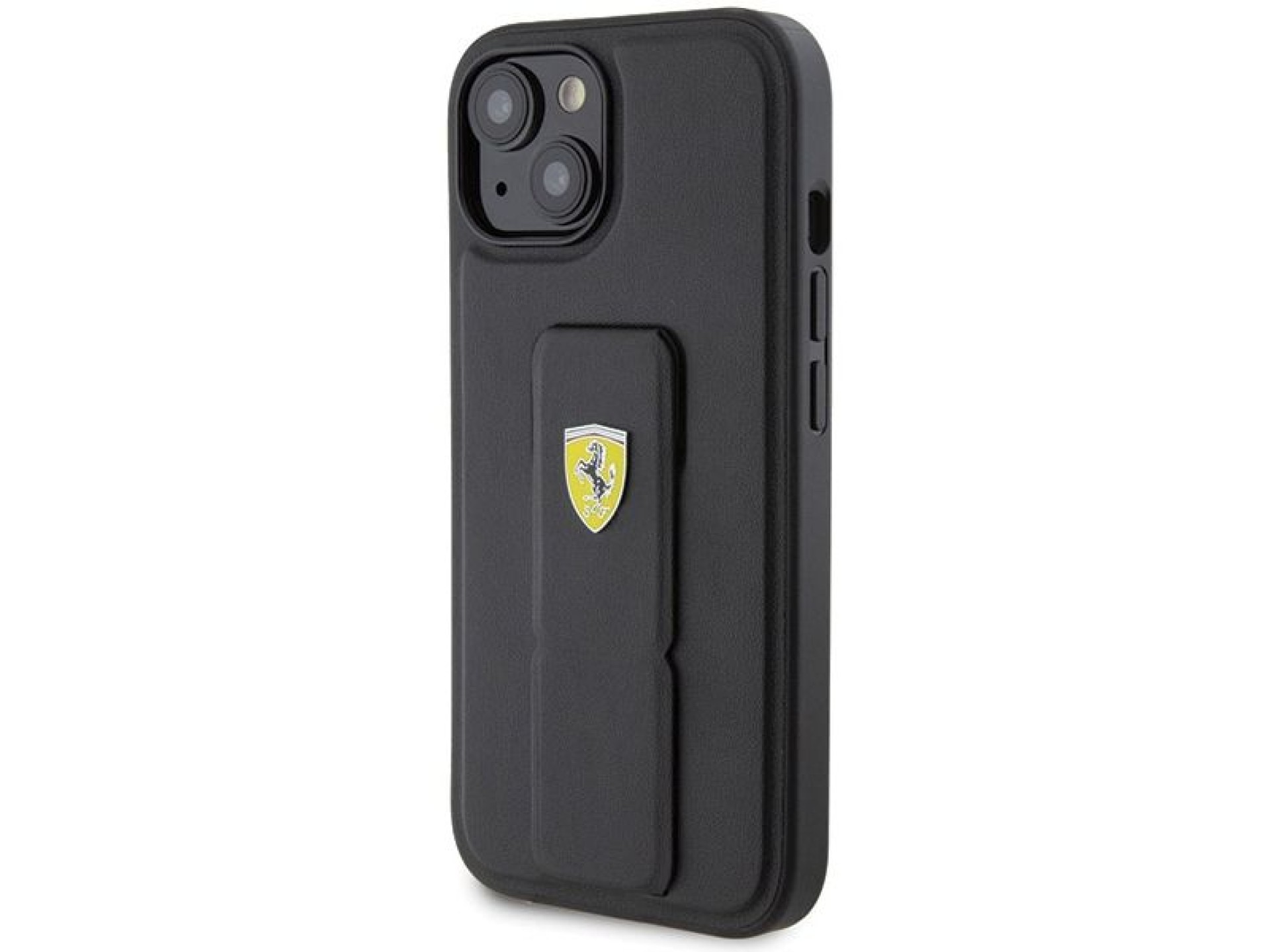 Capa Ferrari Grip Stand com logotipo metálico para iPhone 15 - preta