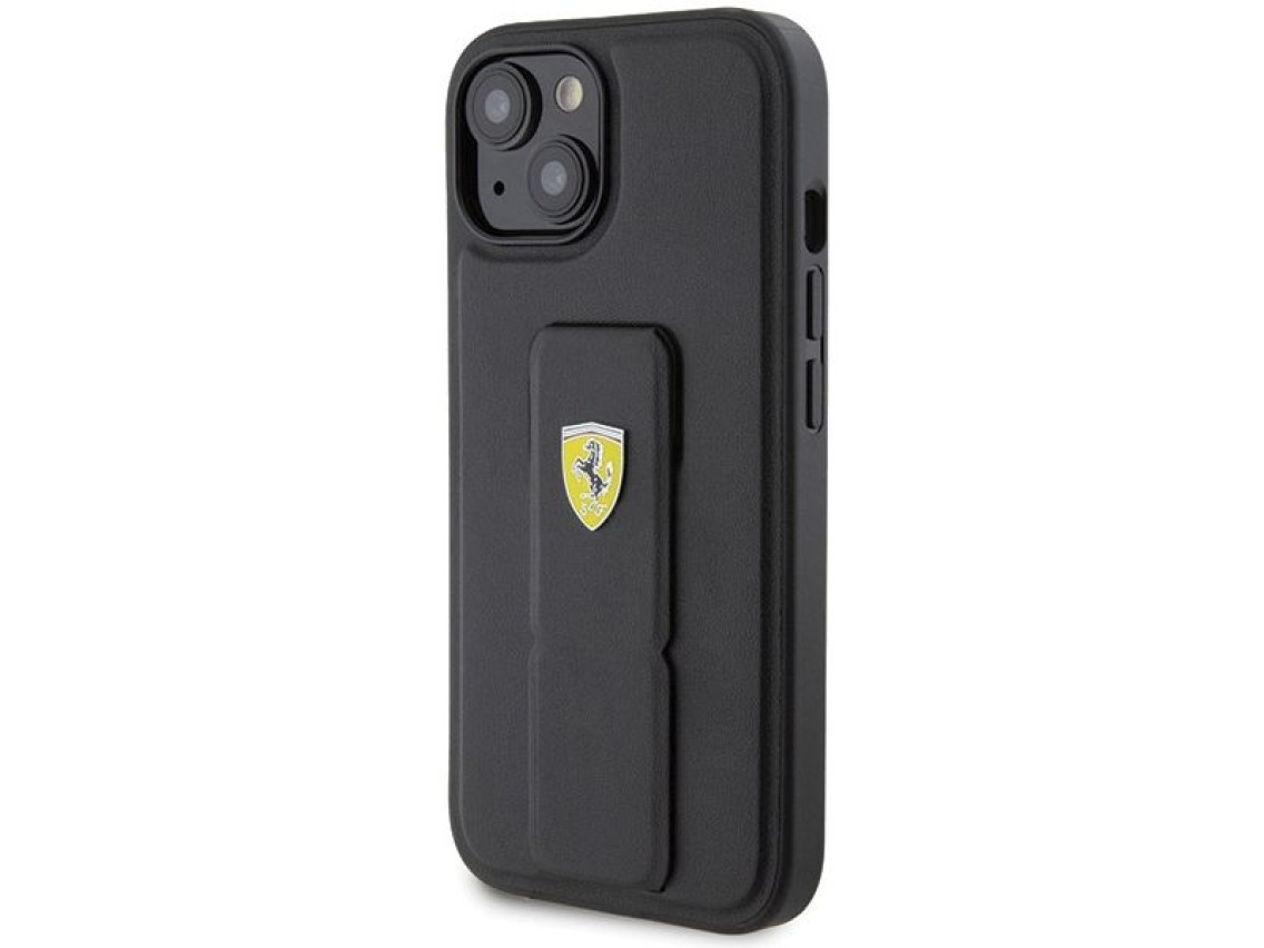 Capa Ferrari Grip Stand com logotipo metálico para iPhone 15 - preta