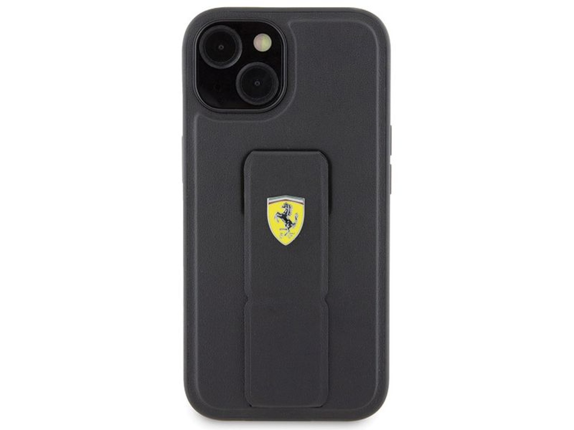 Capa Ferrari Grip Stand com logotipo metálico para iPhone 15 - preta