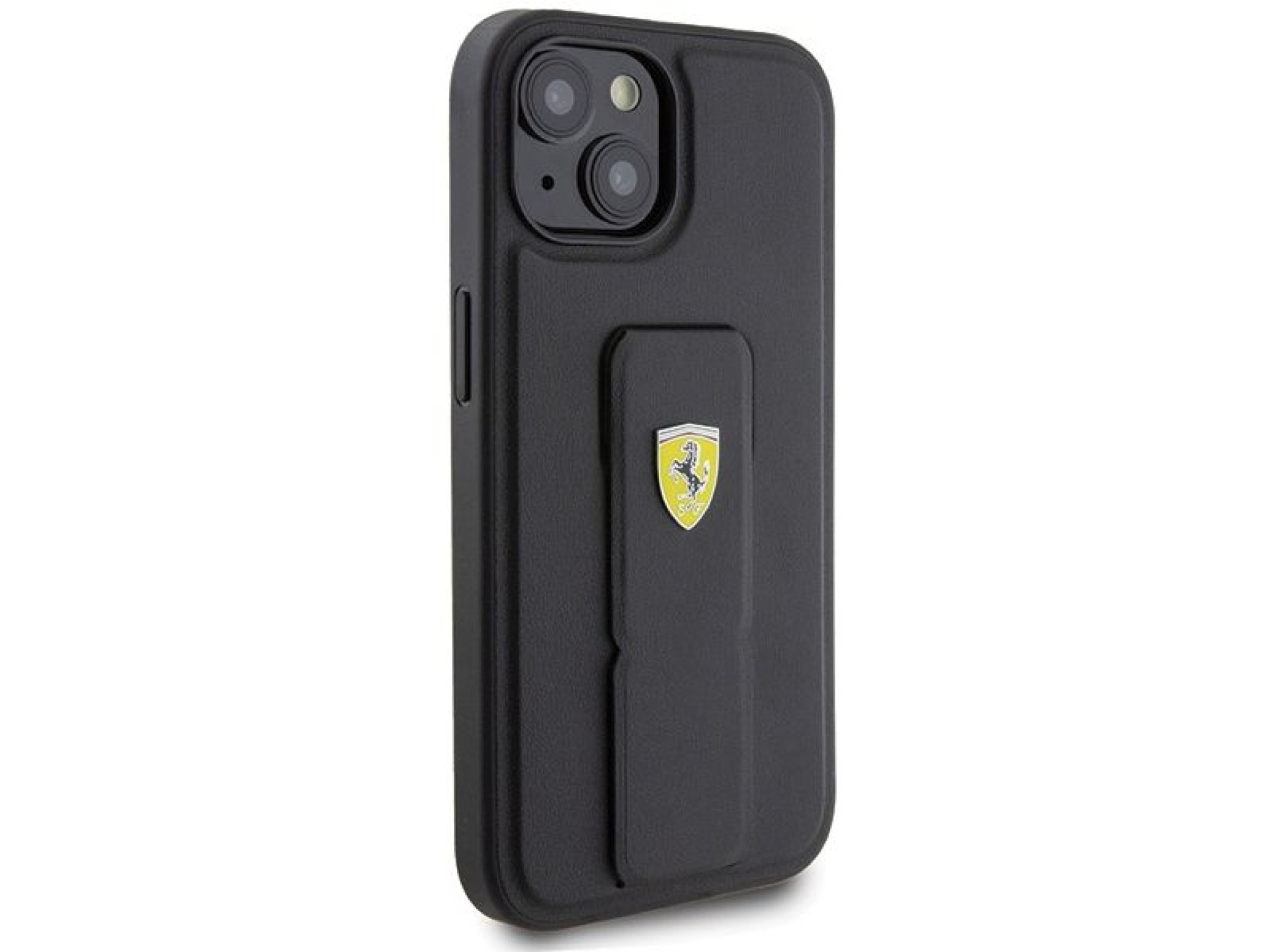 Capa Ferrari Grip Stand com logotipo metálico para iPhone 15 - preta