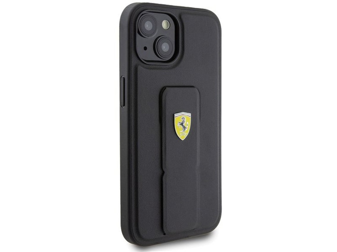 Capa Ferrari Grip Stand com logotipo metálico para iPhone 15 - preta