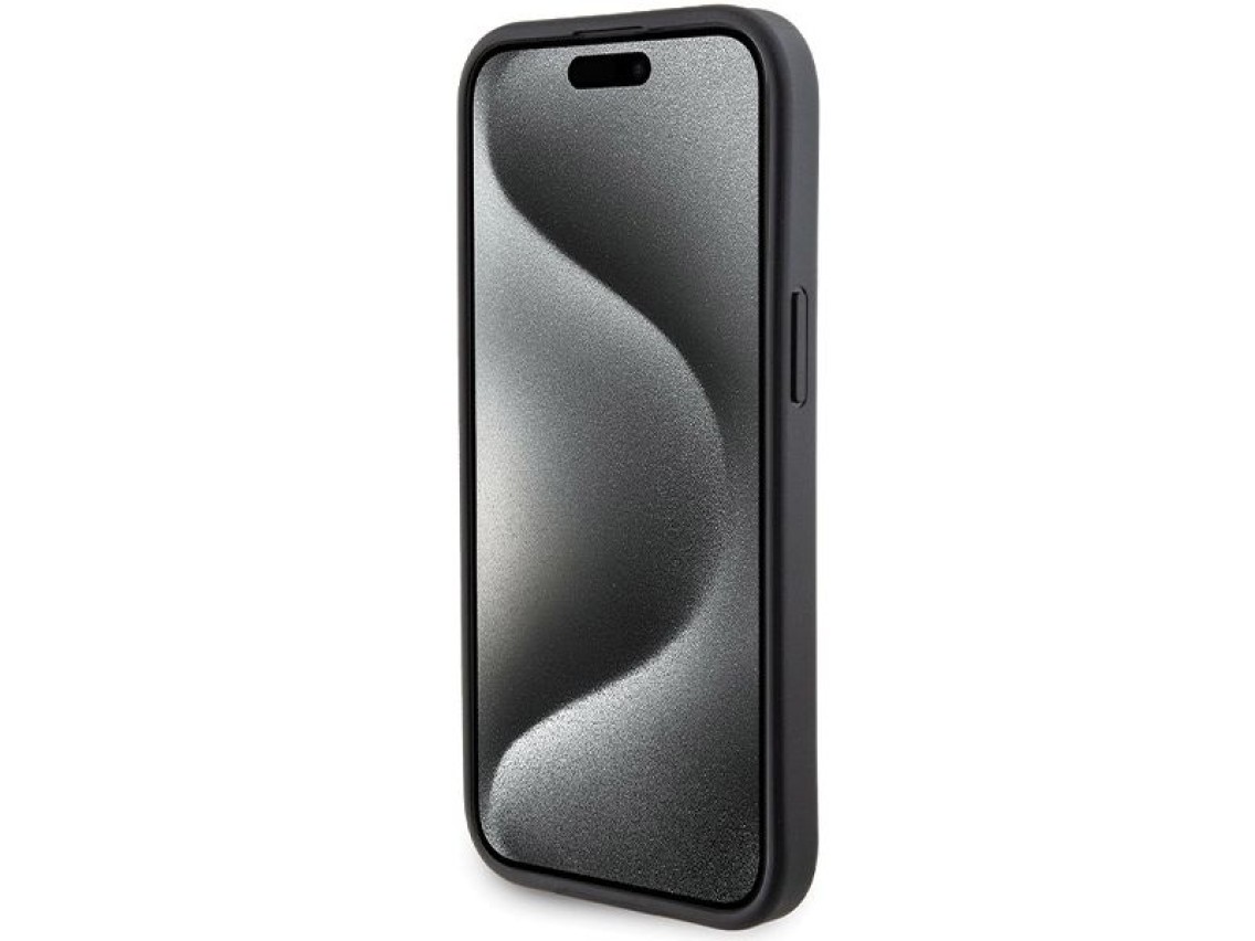 Capa Ferrari Grip Stand com logotipo metálico para iPhone 15 - preta