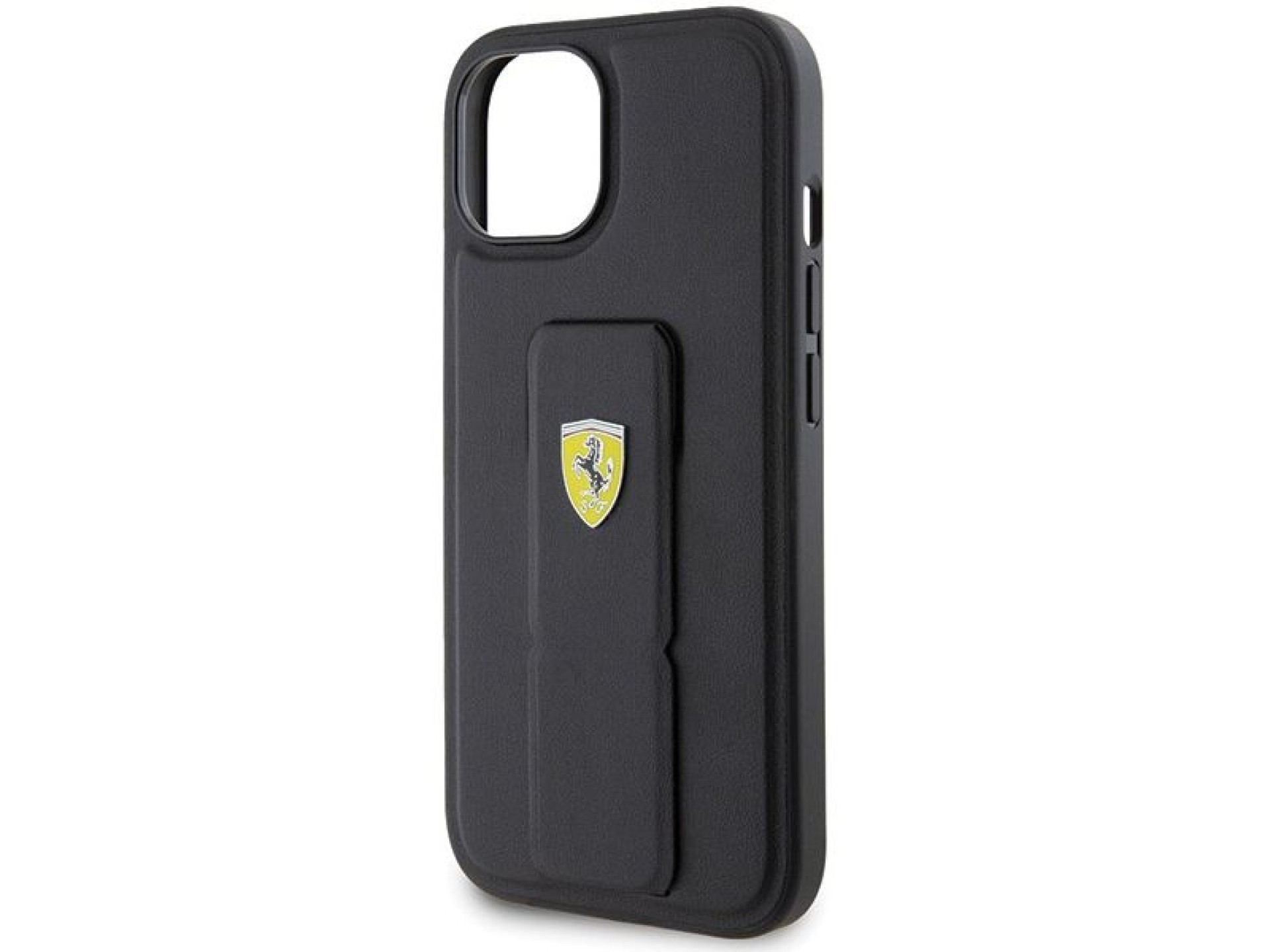 Capa Ferrari Grip Stand com logotipo metálico para iPhone 15 - preta