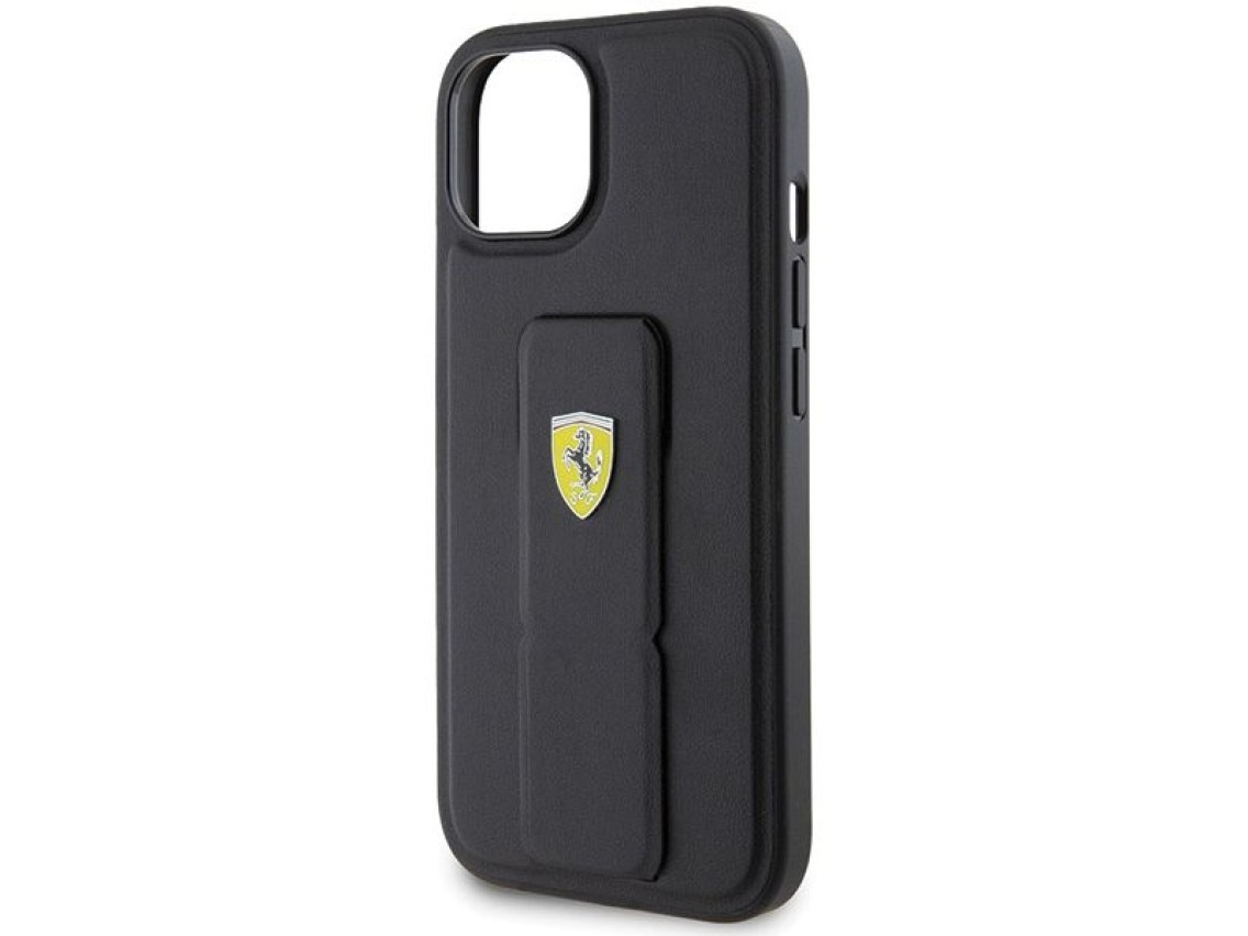Capa Ferrari Grip Stand com logotipo metálico para iPhone 15 - preta