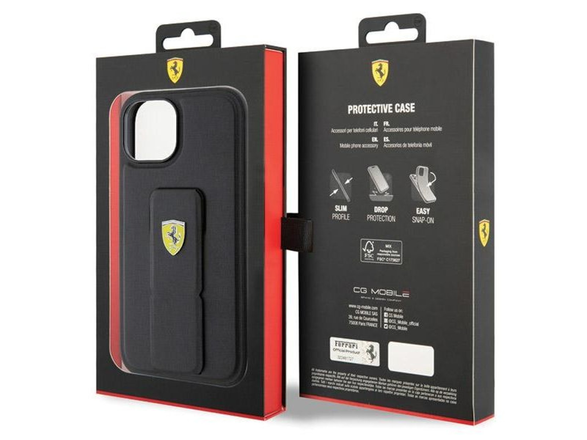 Capa Ferrari Grip Stand com logotipo metálico para iPhone 15 - preta