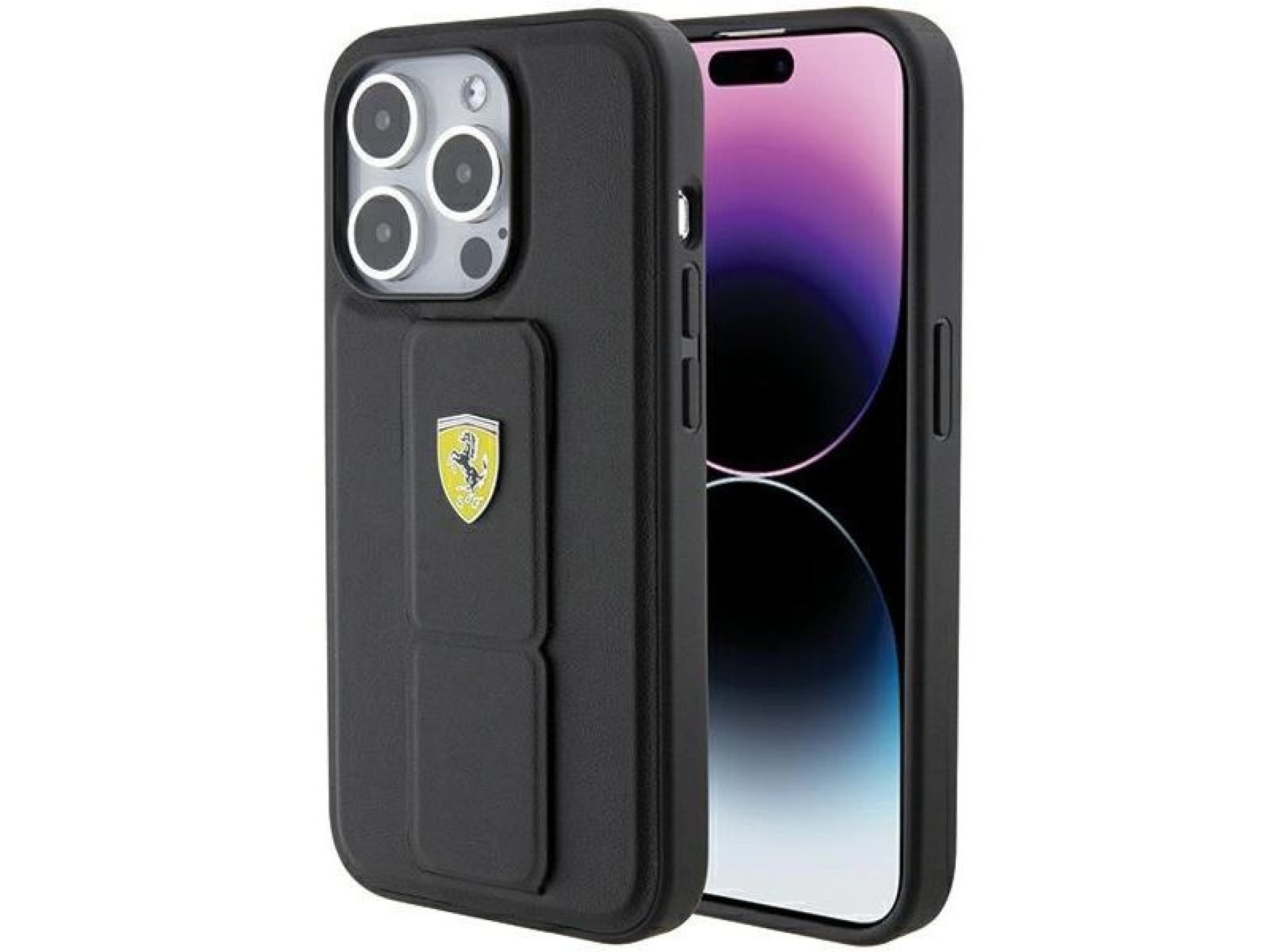 Capa Ferrari Grip Stand com logotipo metálico para iPhone 15 Pro Max - preta