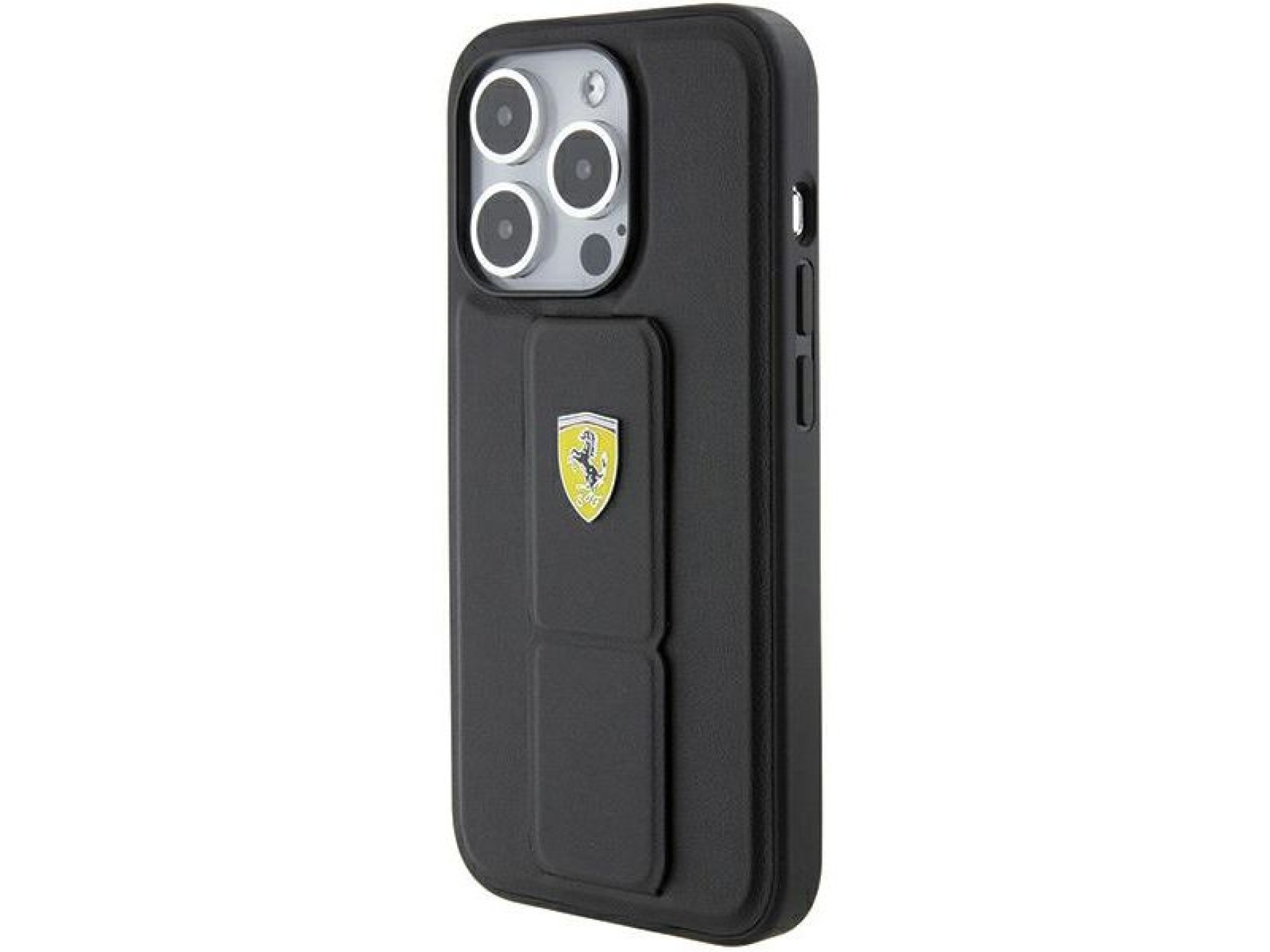 Capa Ferrari Grip Stand com logotipo metálico para iPhone 15 Pro Max - preta