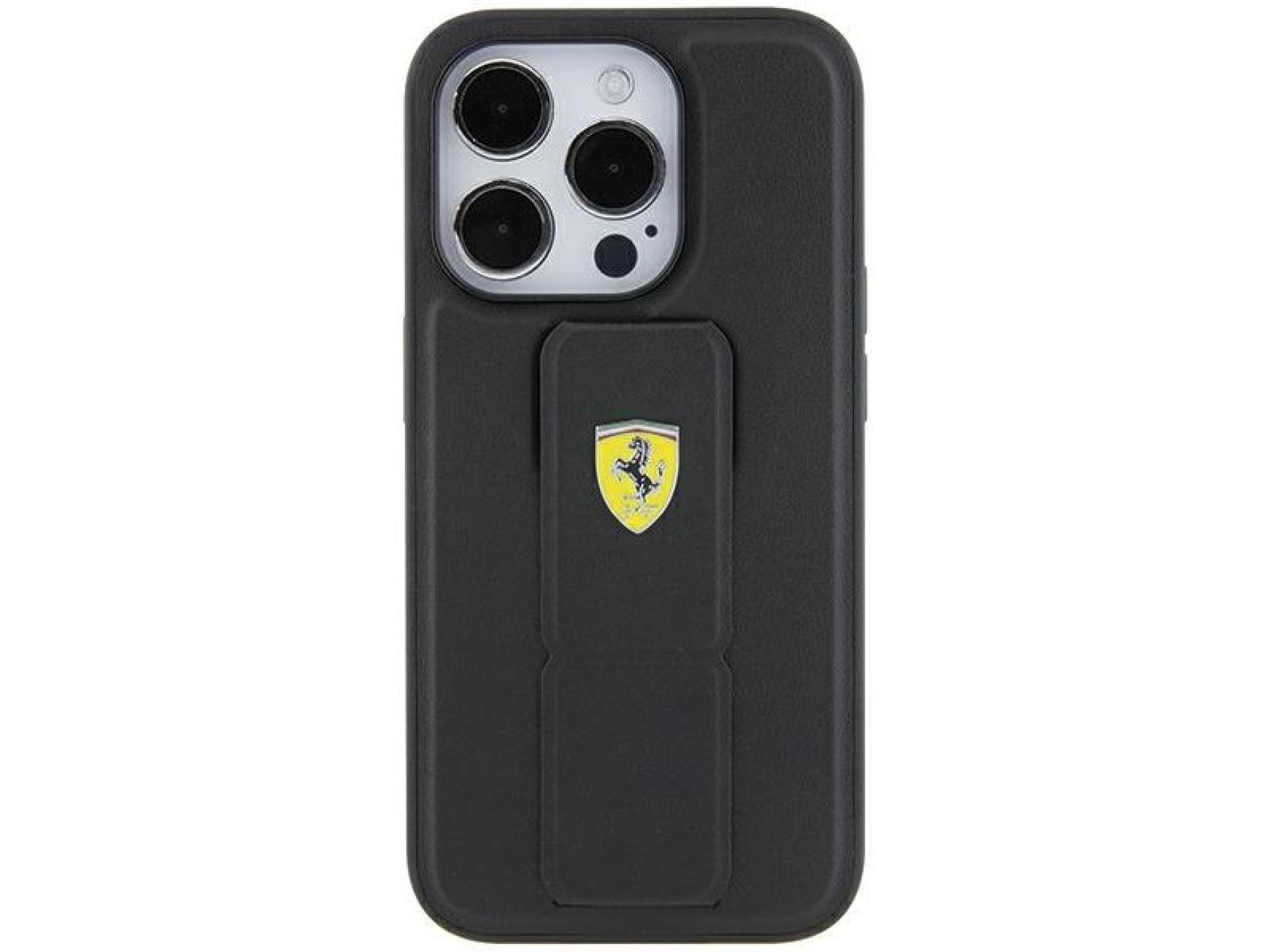 Capa Ferrari Grip Stand com logotipo metálico para iPhone 15 Pro Max - preta