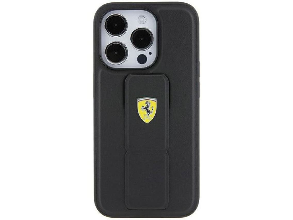 Capa Ferrari Grip Stand com logotipo metálico para iPhone 15 Pro Max - preta