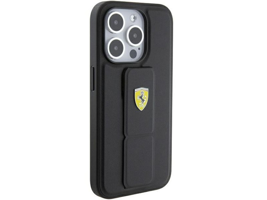 Capa Ferrari Grip Stand com logotipo metálico para iPhone 15 Pro Max - preta